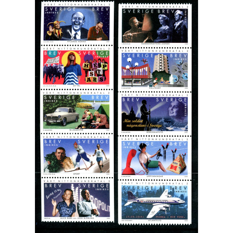 Sverige 1999. 1900-tallet II. AFA nr. 2026-35 postfrisk stemplet  hæfte FDC parstykkke
