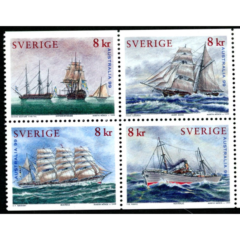 Sverige 1999. Maritim Arv. Skibe. AFA nr. 2036-9 postfrisk stemplet  hæfte FDC parstykkke
