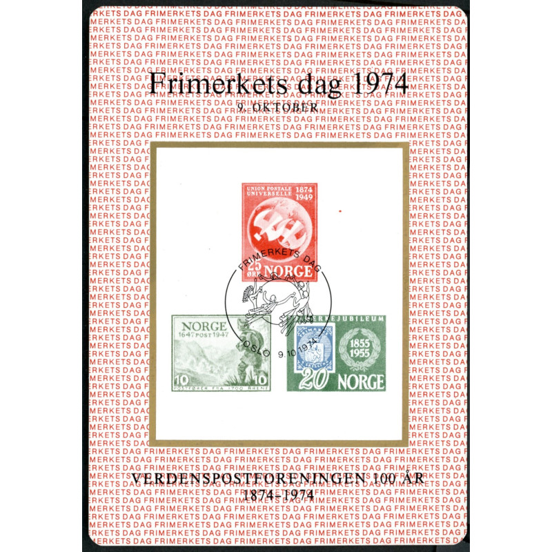 1974. Frimerkets dag. MINDEBLOK VERDENSPOSTFORENINGEN 100 ÅR. UPU.