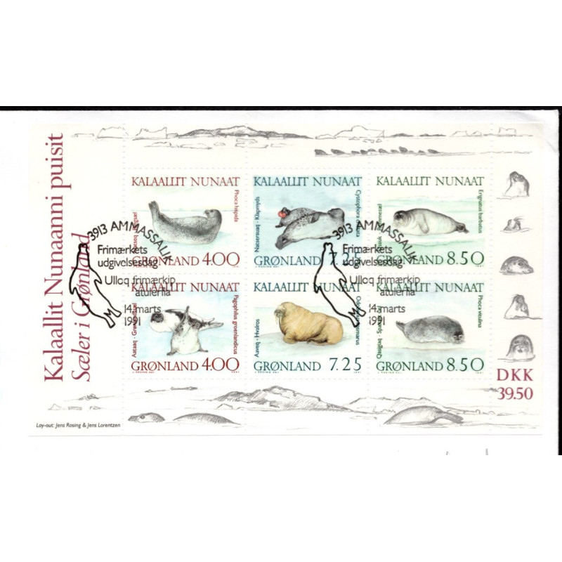 1991. 39,50 Kr. Grønlandske Sæler i miniark. AFA nr. 217x (skud i sæl) stemplet