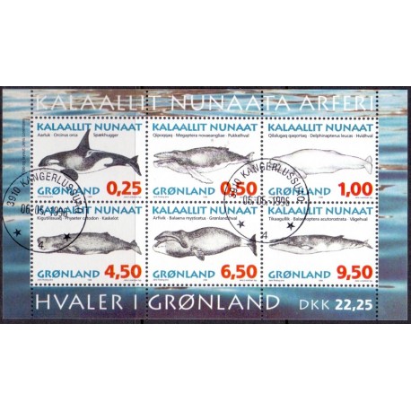 1996. 22,25 kr. Grønlandske Hvaler I i miniark. AFA nr. 295 postfrisk stemplet