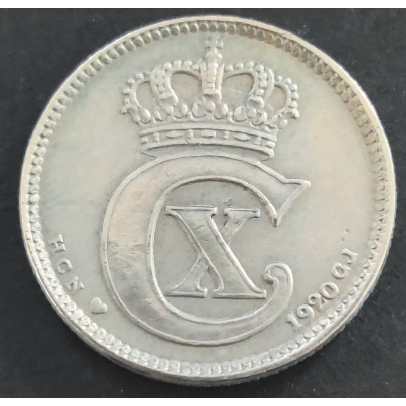 25 Øre. Chr. X. 1920 i en middelgod kvalitet for type og årstal.