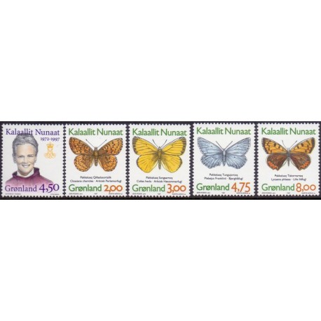 1997. 2,00 -8,00 Kr. Dr. Margrethe og Grønlandske sommerfugle, fra frimærkehæfte. AFA nr. 303a-7a postfrisk stemplet