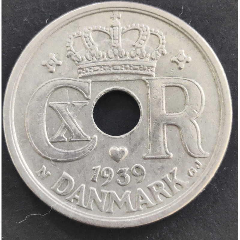 25 Øre. Chr. X. 1939 i en middelgod kvalitet for type og årstal.
