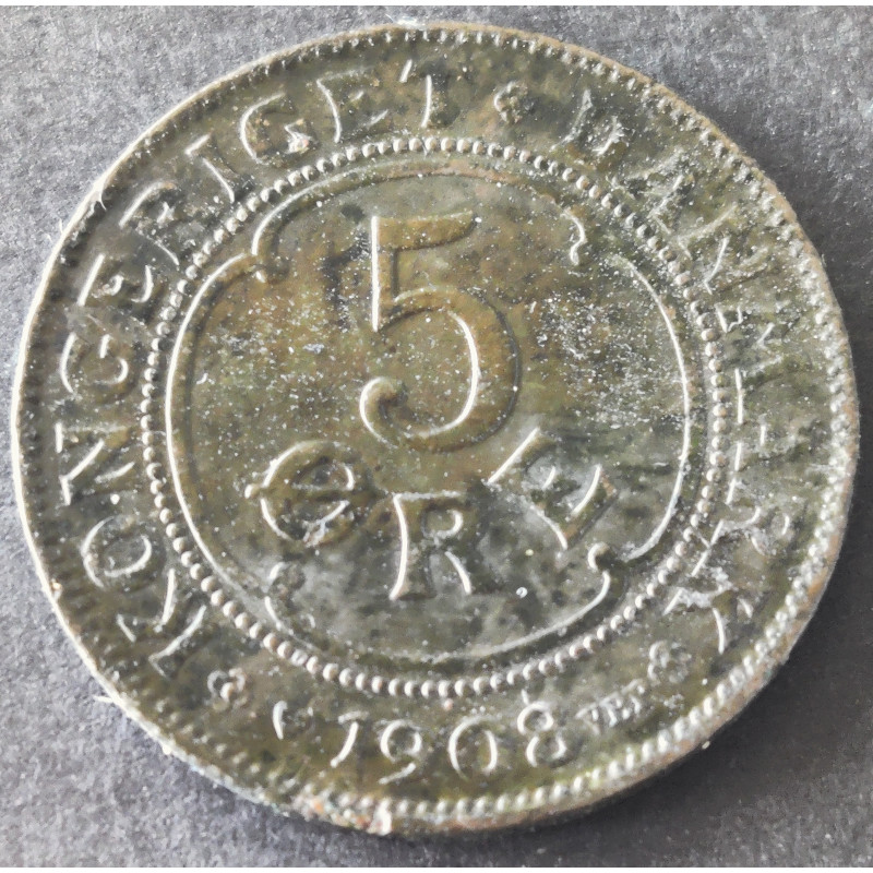 5 Øre. Fred. VIII. 1908 i en middelgod kvalitet for type og årstal.