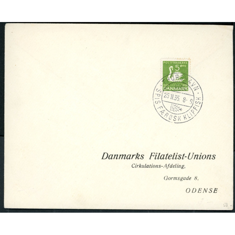Brev annulleret med klipfisk stempel i Thorshavn, Færøerne d. 25.11.1935 til Odense