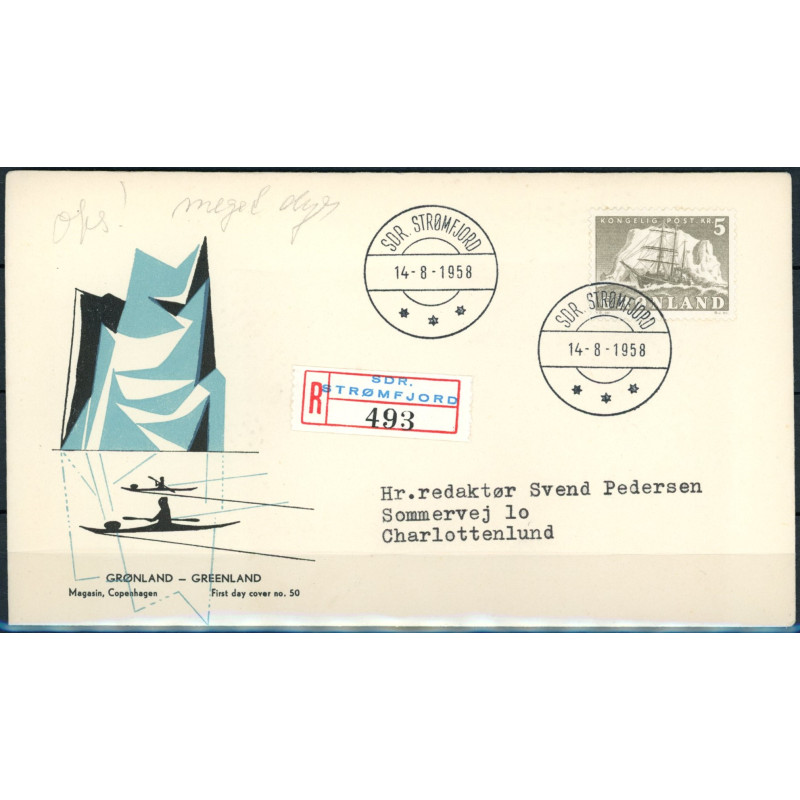 5 kr. grå Gustav Holm på brev fra Sdr. Strømfjord d. 14.8.1958 til København.