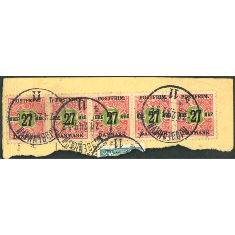 1918. 27-Øres provisorier. 5 stribe på klip, AFA nr. 96 (o)  Ubrugt Stemplet FDC