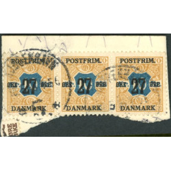 1918. 27-Øres provisorier. 3-stribe på klip, AFA nr. 97 (o)  Ubrugt Stemplet FDC