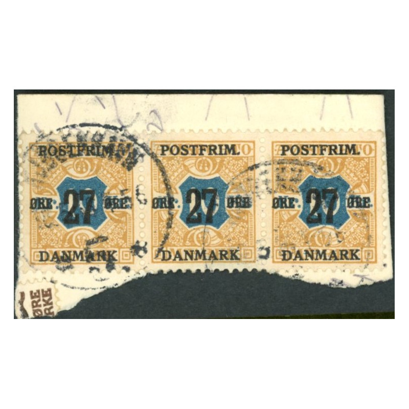 1918. 27-Øres provisorier. 3-stribe på klip, AFA nr. 97 (o)  Ubrugt Stemplet FDC