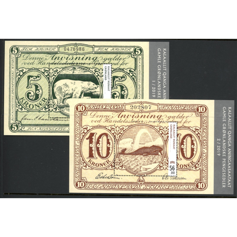 2019. Grønlandske pengesedler, miniark. AFA nr. 821-22 **                   postfrisk  stemplet FDC