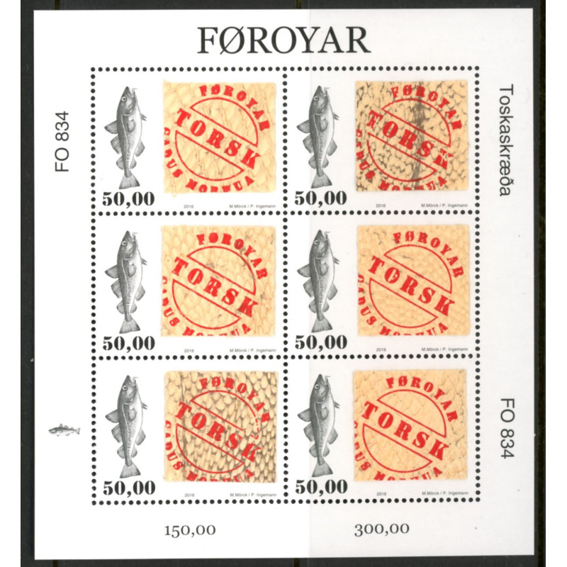 2016. Fiskeskind, AFA nr 871, ** miniark med 6 mærker stemplet FDC
