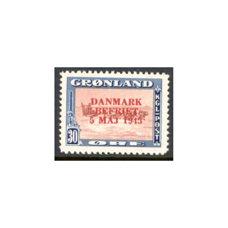 1945. Danmark Befriet ÆNDREDE FARVER, 30 Øre. AFA nr, 22a postfrisk