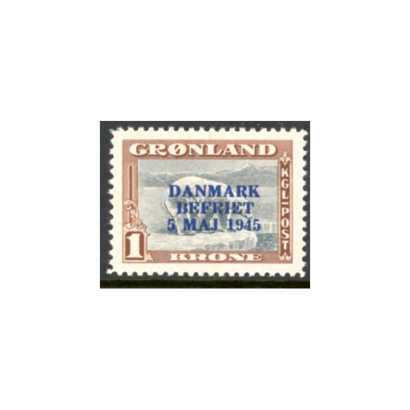 1945. Danmark Befriet ÆNDREDE FARVER, 1 kr. AFA nr, 23a postfrisk