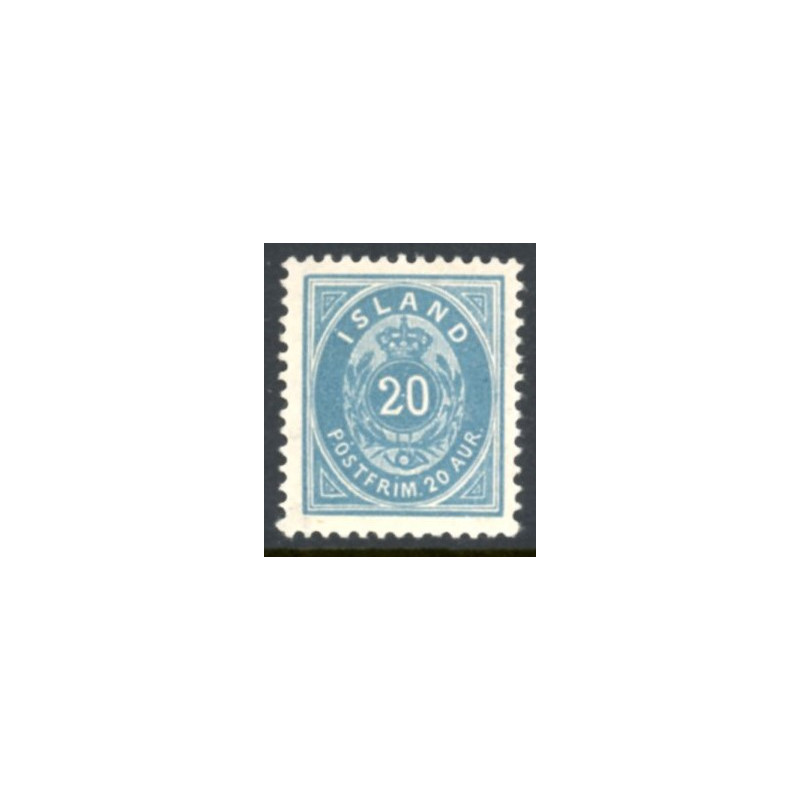 Island. 1896-97.  20 aur. BLÅ. AFA nr. 14B **postfrisk st. stemplet FDC