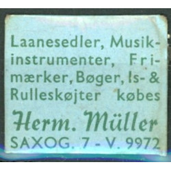Frimærkepenge 1 Øre. Herm. Müller "Laanesedler... købes"