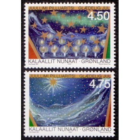 2000. 4,50-4,75 Kr. Juleaften. AFA nr. 366-7 postfrisk stemplet