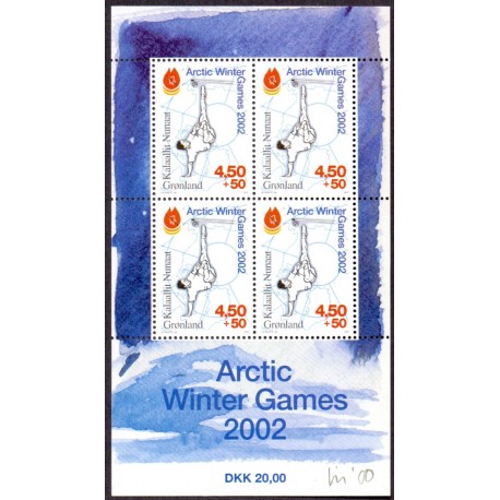 2001. 20,00 Kr. Arctic Winter Games, i miniark. AFA nr. 373a postfrisk stemplet