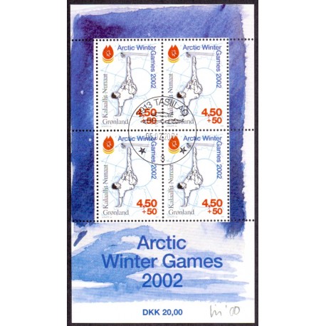 2001. 20,00 Kr. Arctic Winter Games, i miniark. AFA nr. 373a postfrisk stemplet