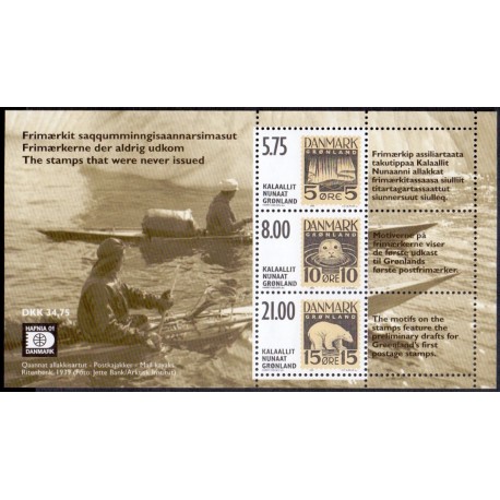 2001. 34,75 Kr. Frimærkerne som aldrig udkom, i miniark. AFA nr. 382 postfrisk stemplet
