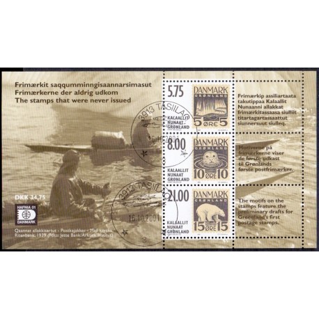 2001. 34,75 Kr. Frimærkerne som aldrig udkom, i miniark. AFA nr. 382 postfrisk stemplet