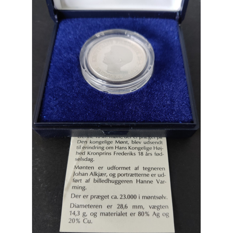 H.K.H. Kronprins Frederiks erindringsmønt 10 kroner 1986 i folder (oplag 2000)