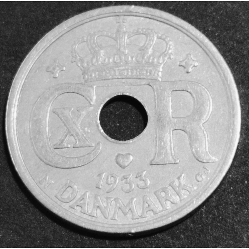 25 Øre. Chr. X. 1933 i en middelgod kvalitet for type og årstal.