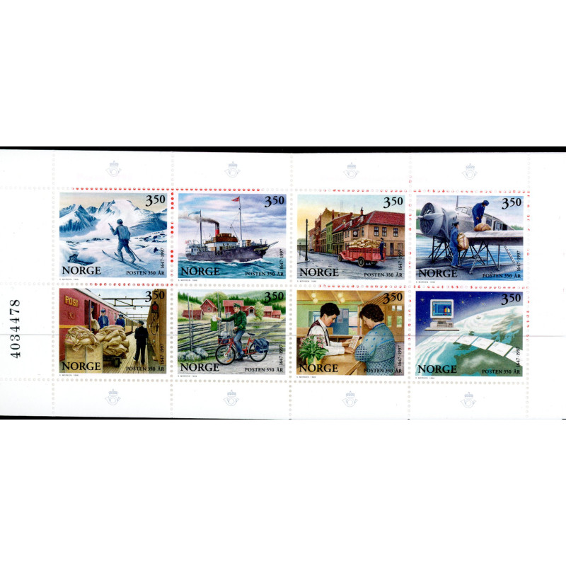 Norge. 1996. Posten 350 år i miniark. AFA nr. 1216-23 ** stemplet postfrisk FDC