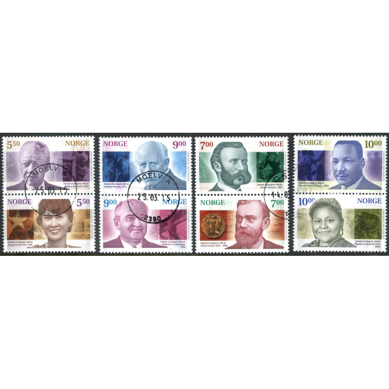 Norge. 2001. Nobelpris 100 år, i parstykker AFA nr. 1390-97 ** (4) stemplet postfrisk FDC