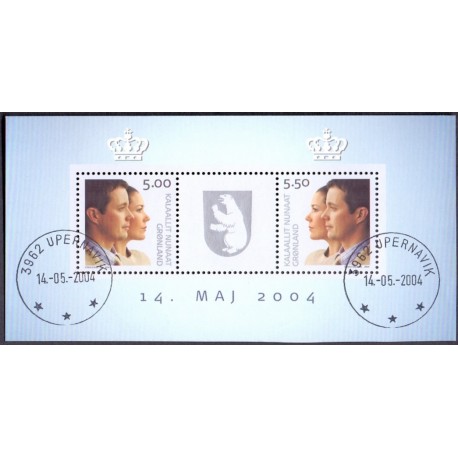 2004. 10,50 Kr. Kongeligt Bryllups miniark. AFA nr. 427 postfrisk stemplet