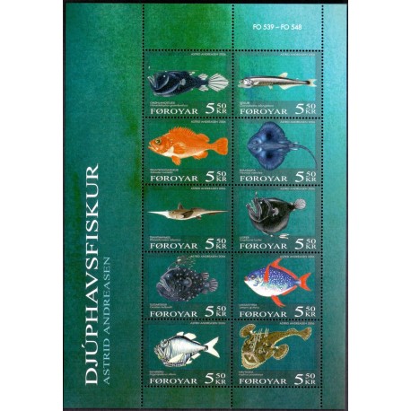 Færøerne 2006. 10x 5,50 Kr. Dybhavsfisk miniark. AFA nr. 539-48 postfrisk stemplet