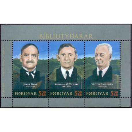 Færøerne 2007. 3x 5,50 Kr. Bibbeloversættere miniark. AFA nr. 601-03 postfrisk stemplet