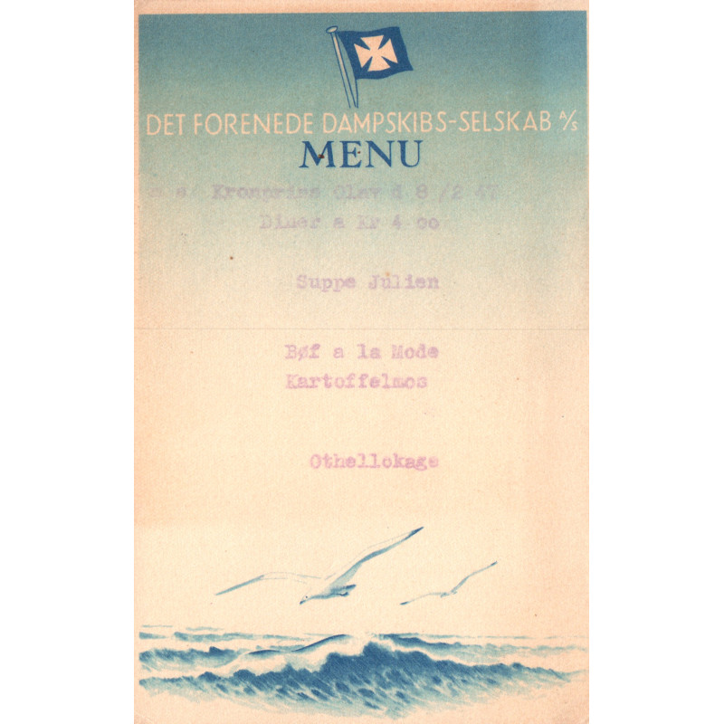 DFDS, Menukort kronprins Olav  8/2-47