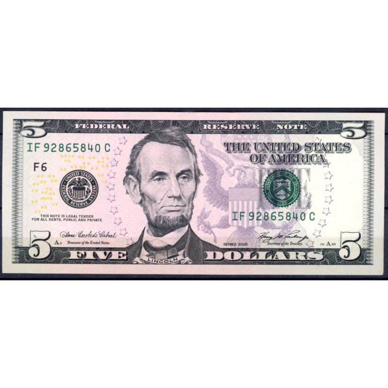 USA. $5 2006 US Federal Reserve "F6" 0/01