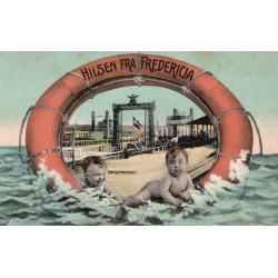 Fredericia, "Hilsen fra" med redningskrans og Færgehavnen, brugt