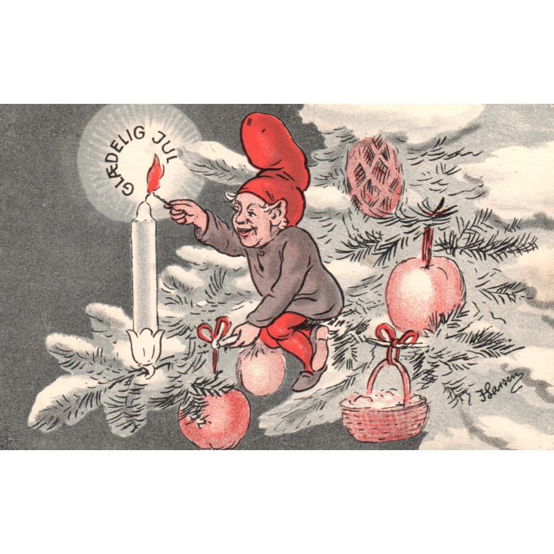 Glædeligt Jul. Nisse rider på gris, brugt (stenders) Julemærke 1930