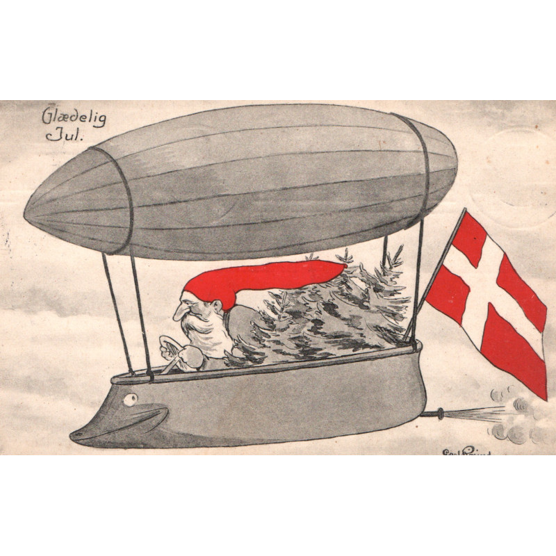 Glædeligt Jul. Nisse rider på gris, brugt (stenders) Julemærke 1930