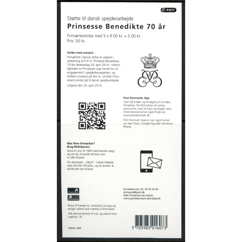 Danmark frimærkehæfte 2014. Prinsesse Benedikte 70 år. S236