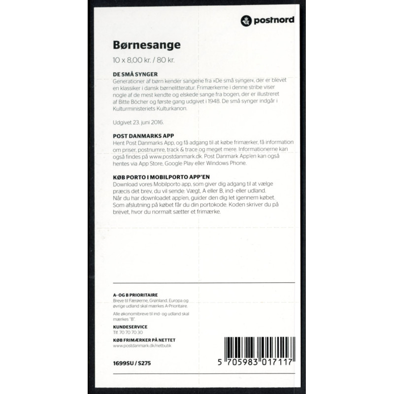 Danmark frimærkehæfte. Børnesange nr. S275