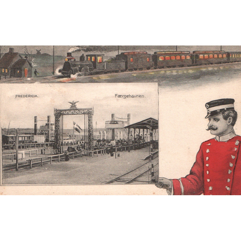 Fredericia. Færgehavnen med tog og postbud, brugt med julemærke 1907