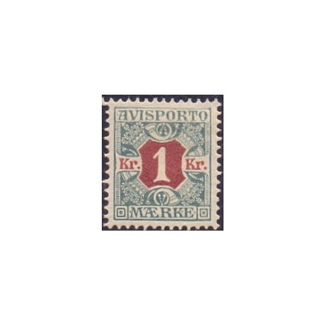 Avisporto. 1907. 1 Kr. blågrøn/rød, AFA. nr. 8, ubrugt, postfrisk, stemplet
