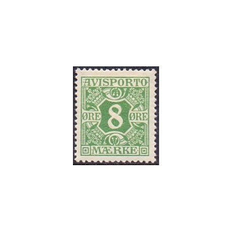 Avisporto. 1914-15. 8 Øre, grøn, AFA. nr. 14  ubrugt, postfrisk, stemplet