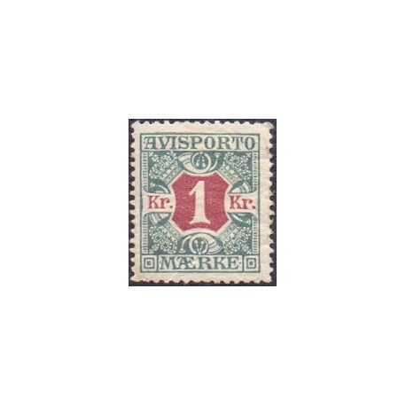 Avisporto. 1914-15. 1 Kr. blågrøn/rød AFA. nr. 20 ubrugt, postfrisk, stemplet