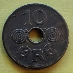 10 Øre. Chr. X. 1924-1947 i kobber, ialt 21 stk. incl. 10 øren 1945 og 1947.