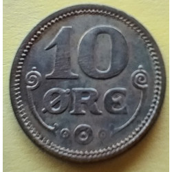 10 Øre. Chr. X. 1919 i en middelgod kvalitet for type og årstal.
