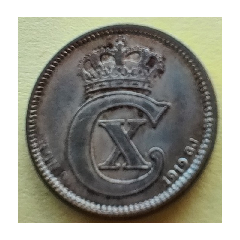 10 Øre. Chr. X. 1919 i en middelgod kvalitet for type og årstal.