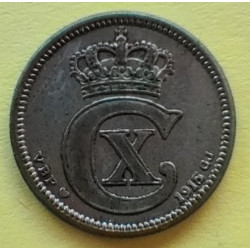 10 Øre. Chr. X. 1915 i en middelgod kvalitet for type og årstal.
