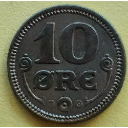 10 Øre. Chr. X. 1915 i en middelgod kvalitet for type og årstal.