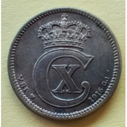 10 Øre. Chr. X. 1916 i en middelgod kvalitet for type og årstal.