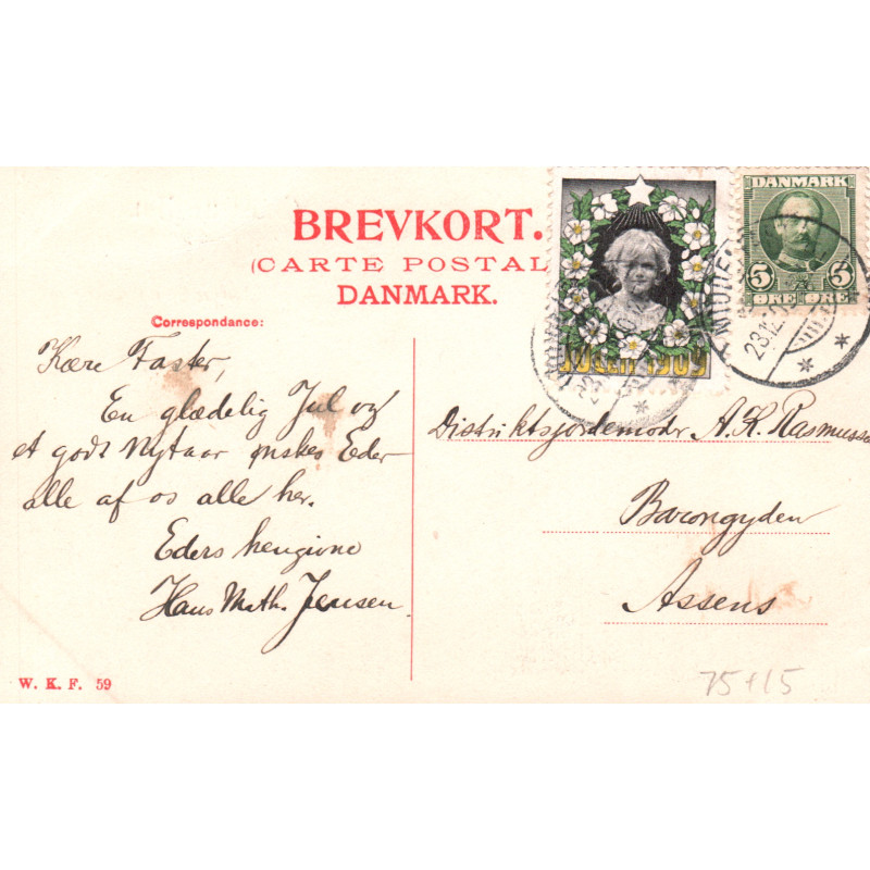 Middelfart.Kongebrogaarden "Glædelig jul", brugt med julemærke 1909